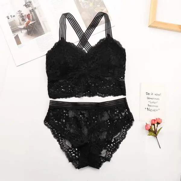black set Модные повседневные женские кружевные бюстгальтеры на бретельках, женские топы, женское нижнее белье, красивые Топы на бретельках - Цвет: black set
