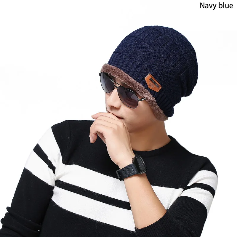 Oeak/Зимний комплект из 2 предметов, Шапочка-шарф, теплая вязаная Толстая шерстяная Кепка с подкладкой, шарф для мужчин и женщин, новая мода года - Цвет: navy blue