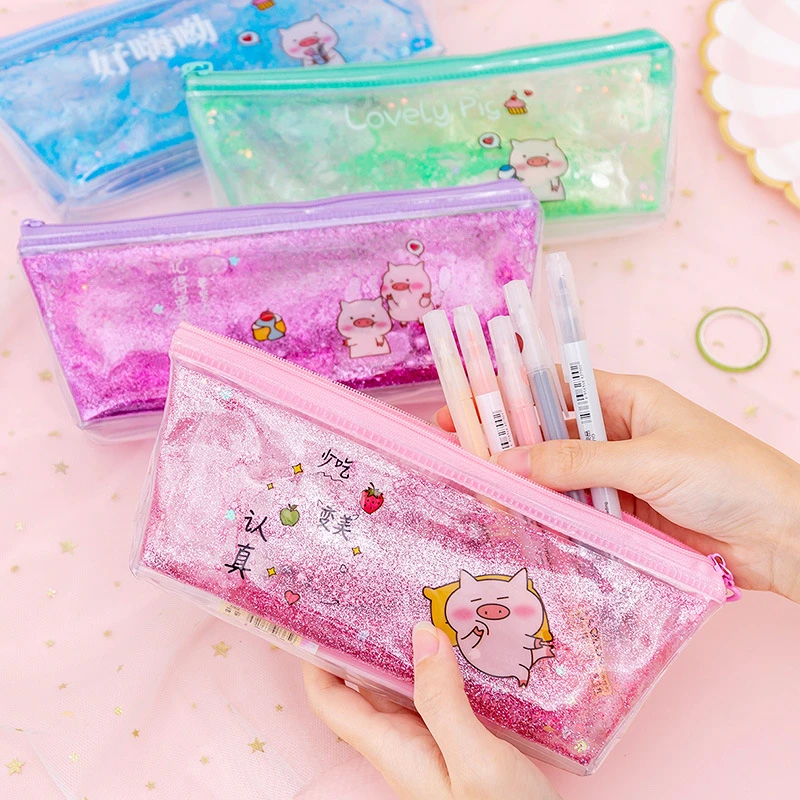 Estuche para lápices con lentejuelas de cerdo transparente para niñas, material escolar líquido, bolsa de almacenamiento de arena movediza de Color para estudiantes|Estuches - AliExpress