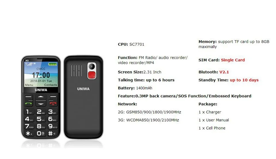 UNIWA V808G Mobile Phone Russian Keyboard 3G WCDMA Strong Torch Senior Cellphone Elderly Old Man Big SOS Push-Button Phone