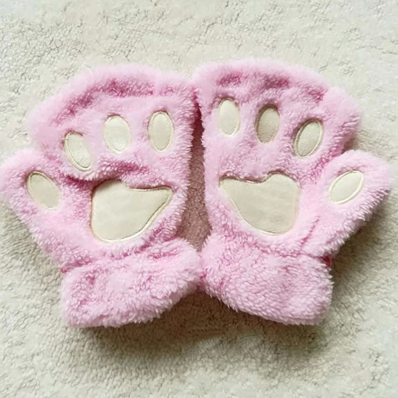 Pink Теплые плюшевые перчатки без пальцев пушистые Bearr коготь/кошачья лапа мягкая теплая Милая Половина пальцев покрытые перчатки для девочек - Цвет: Pink