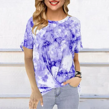 

2020Women's Summer New European and American round Neck Loose Tie-Dye Printed Short-Sleeved Twist T-shirt