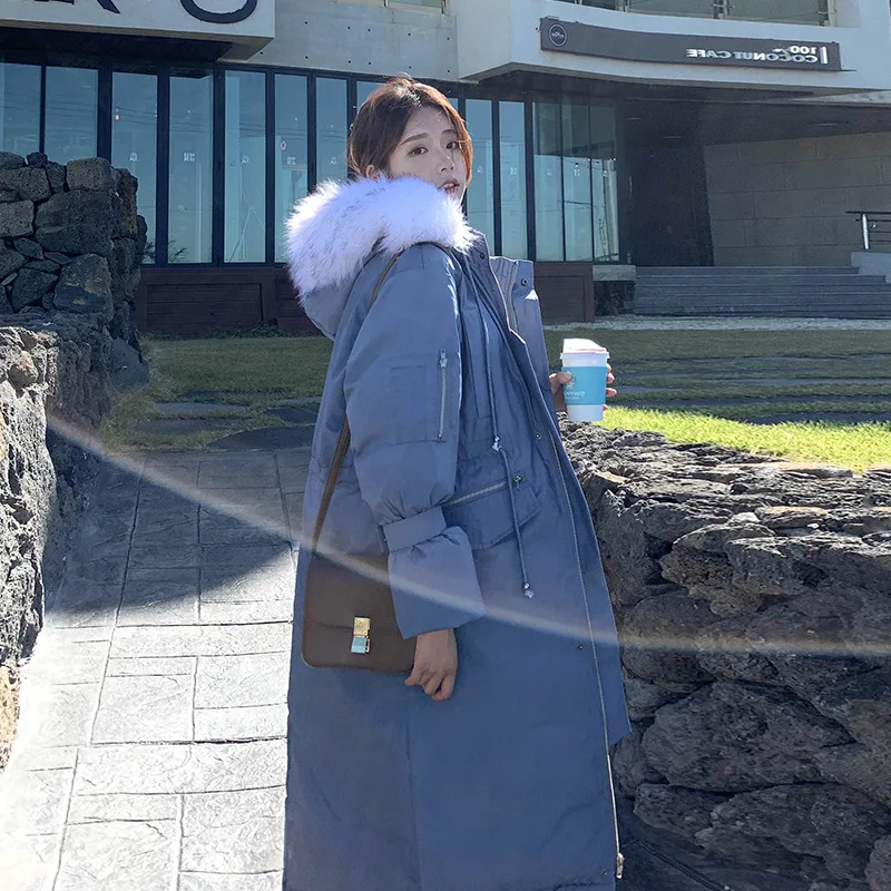 

Photo Shoot Haze Blue over-the-Knee down Jacket Cotton-padded Clothes Women's Mid-length Waist Hugging Large Fur Collar Thick Co