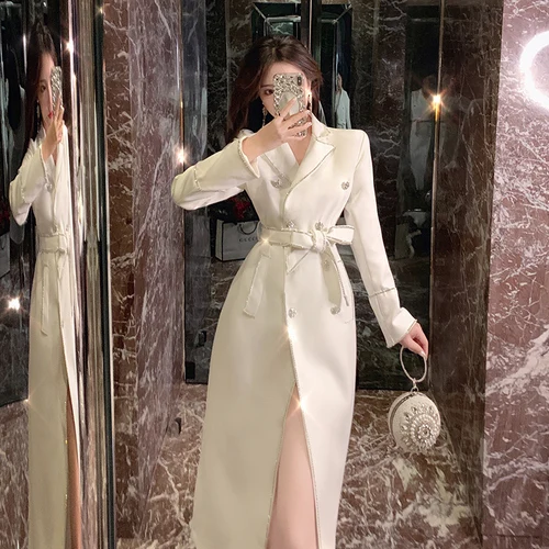 Fashion Autumn Celebrity Lady's Water Drilled Diamond Double-breasted Suit Dress Slim Shiny Women Blazer Dress - Цвет: white long sleeve