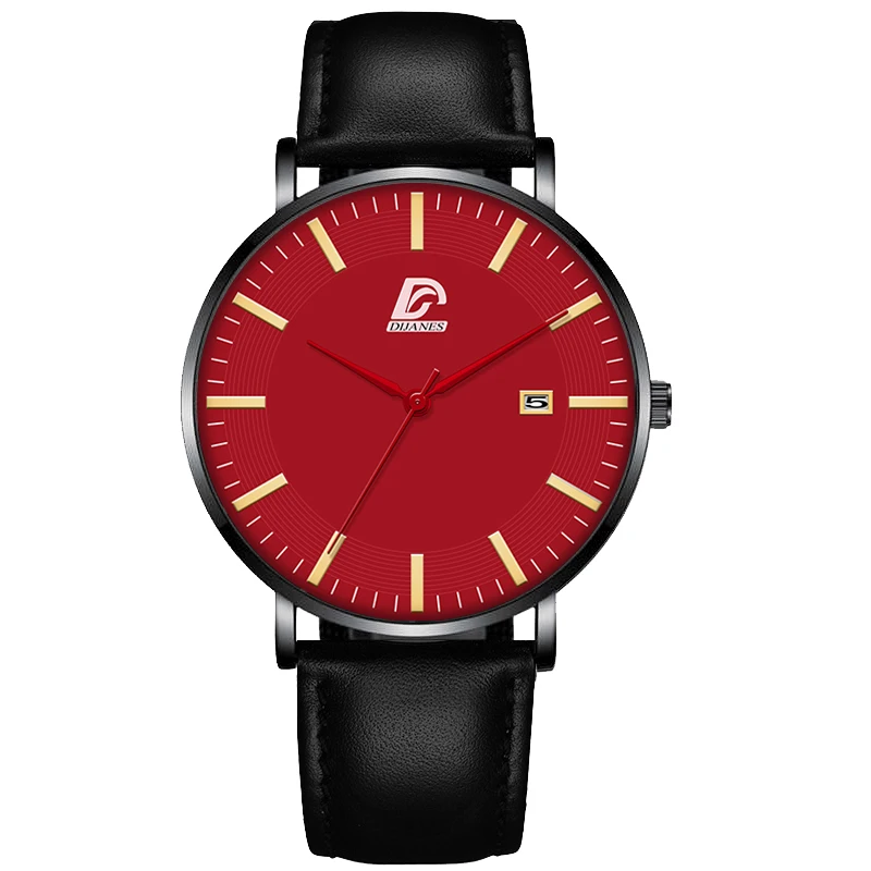 Leather Black Red Reloj Hombre роскошные мужские модные бизнес минималистичные часы ультра тонкие из нержавеющей стали с сетчатым ремешком аналоговые кварцевые часы - Цвет: Leather Black Red