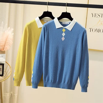 

COIGARSAM 3XL Plus Size Knitting blouse women New Spring blusas womens tops and blouses Blue Yellow 1982