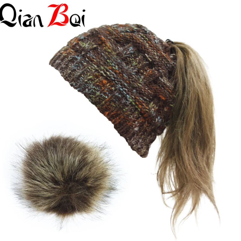QianBei,, 7 шт./партия, модная шапка с помпонами, шапка для женщин, вязаные шапки для маленьких девочек, шапка, теплая Женская осенне-зимняя Стильная шапка