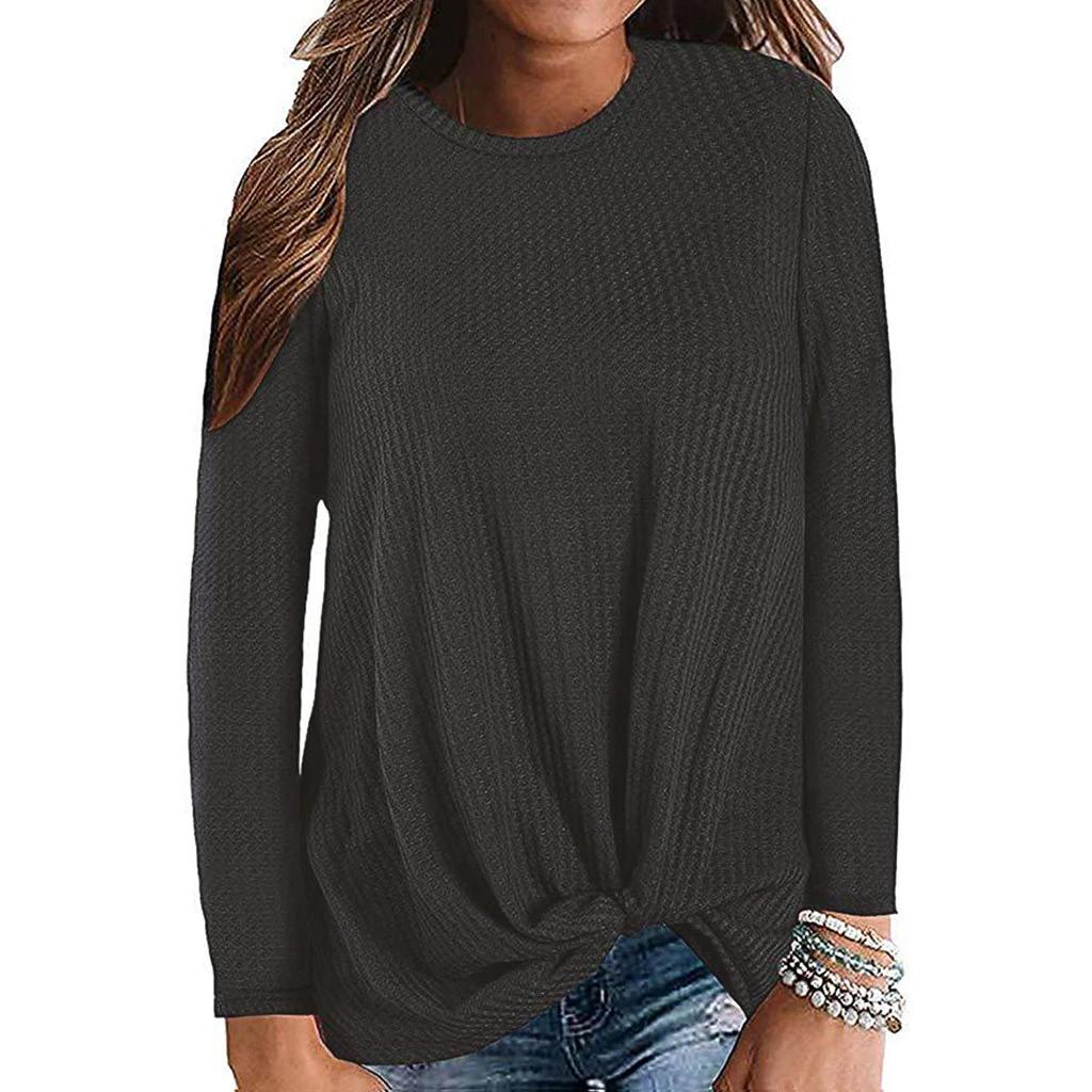 JAYCOSIN Chiffon Blouse Womens Casual Long Sleeve Autumn Knot Waffle Knit Tunic Blouse Cute Shirts Tops Winner Girl Lady 729