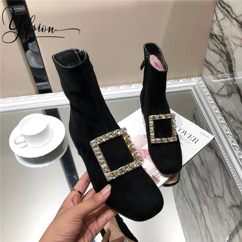 

OLOME New Fashion Crystal Kid Suede Women Boots Round Toe Side zip Thick Mid Heel Women Autumn Winter Ankle Boots Shoes Woman