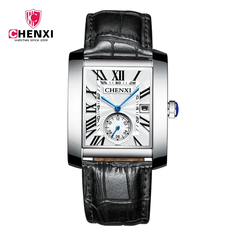 silver white Модные квадратные наручные часы Мужские Роскошные брендовые Кварцевые водонепроницаемые деловые кожаные Наручные часы Мужские Relogio Masculino - Цвет: silver white