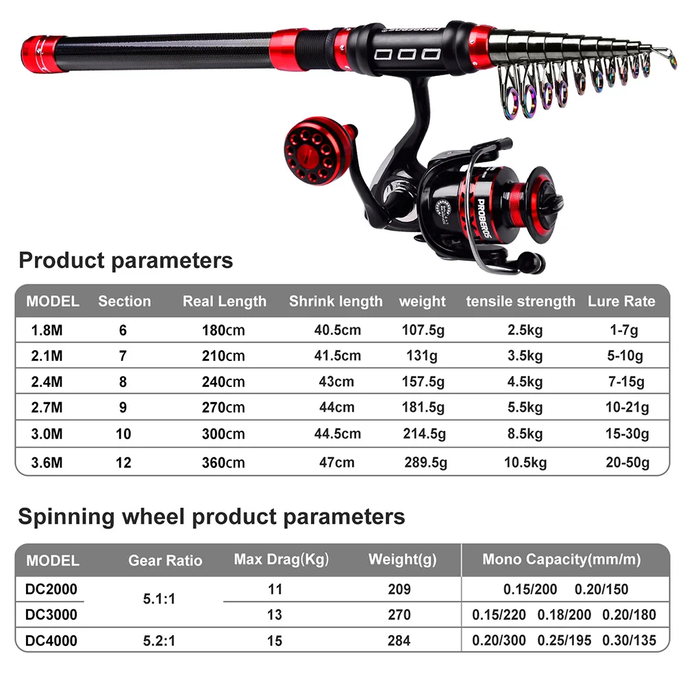 PROBEROS 1.8m-3.6m Telescopic Fishing Rod +Spinning Reel Combos