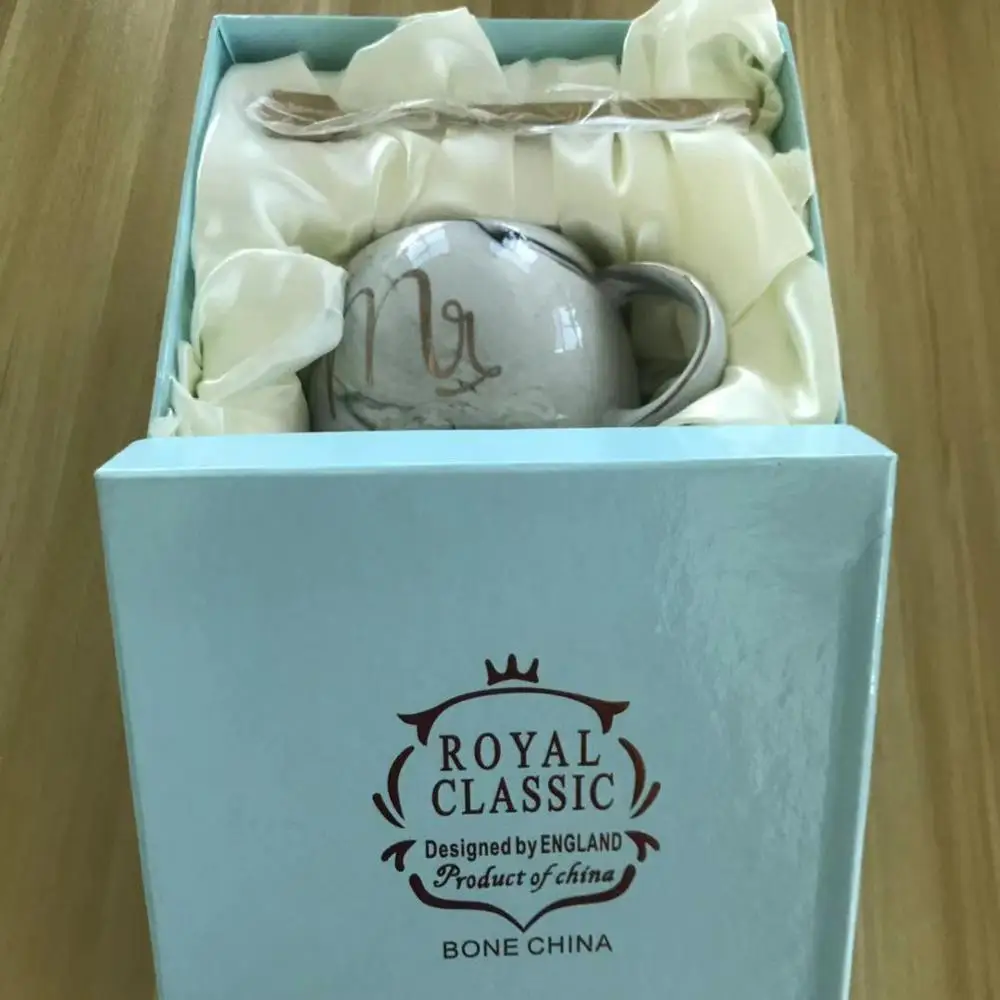 Grey Golden Line Модная фарфоровая посуда для напитков мраморная кофейная кружка молочный чай Милая чашка с золотой ложкой Золотая линия ручка Подарочная коробка для мяча день рождения - Цвет: Grey Golden Line