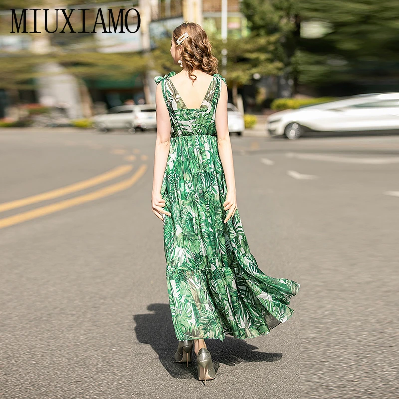 MIUXIMAO, высокое качество,, подиум, дизайнерское, весеннее платье, Зеленый лист, с принтом, элегантное, повседневное, Пляжное платье, длинное платье для женщин, vestidos