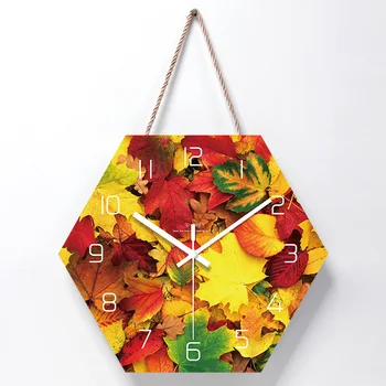 

Acrylic Lanyard Wall Clock Hexagon 14 Inch Rural Style Maple Leaf Pattern Wall Clock Suitable for Living Room Office