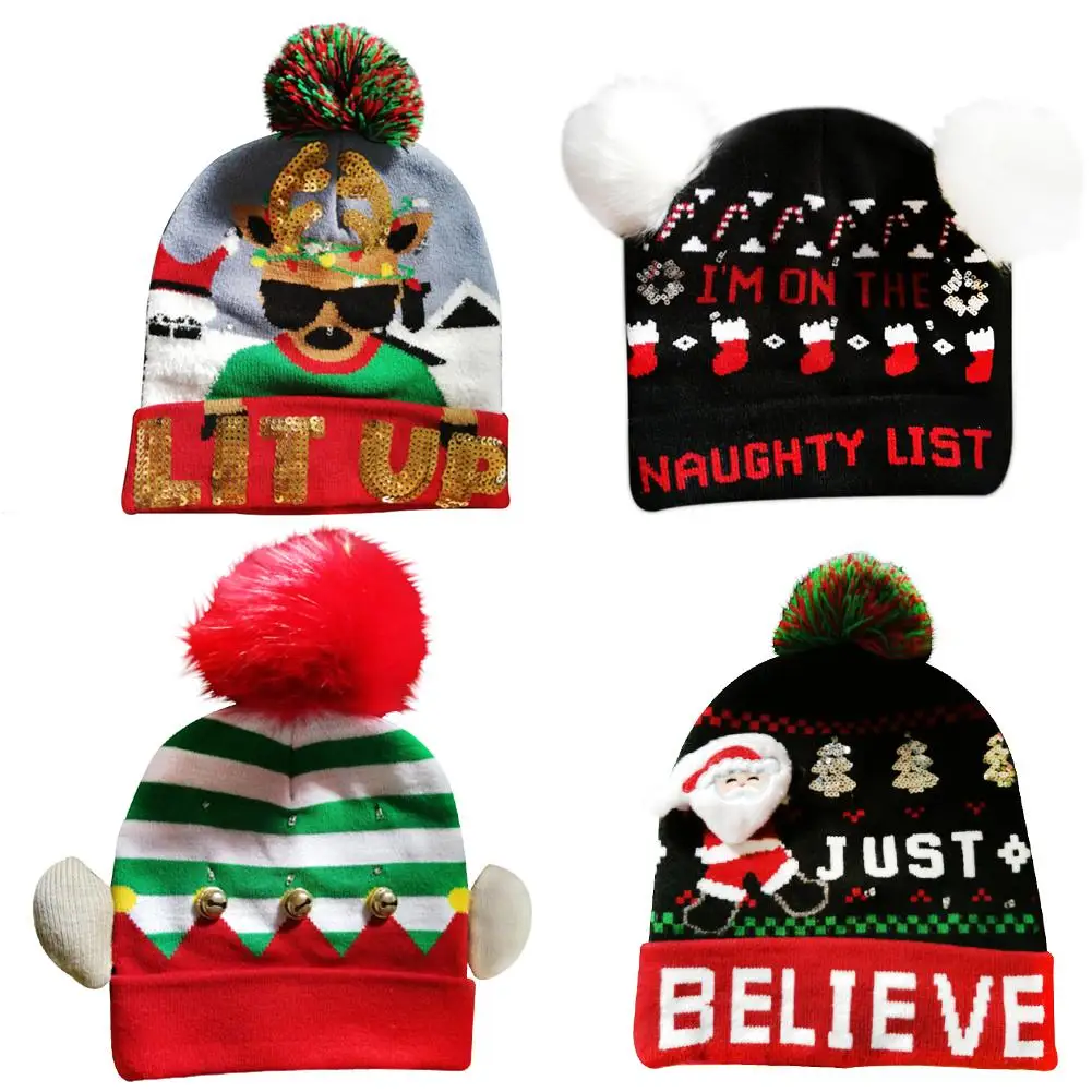 LED Luminous Christmas Hat Innovative Warm Winter Knit Wool Hats Cap Kids Adult Holiday Party Gift for Men and Women