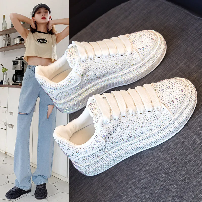 

Classic Vulcanized Shoes Sneakers Women Trainers Genuine Leather Sneakers Ladies Shoes Sparkly Crystal Zapatillas Mujer Casual