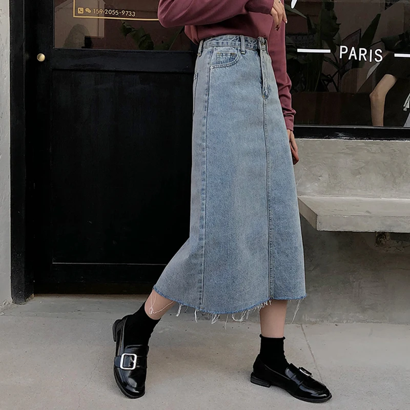 Винтажные юбки карандаш из денима с кисточками женская светло голубая длинная