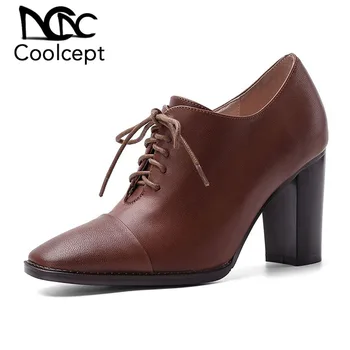 

CoolCept Women Fashion Pumps Shoes Lace Up Real Leather Shoes Women Thick High Heels Side Zipper Casual Footwear Size 34-39