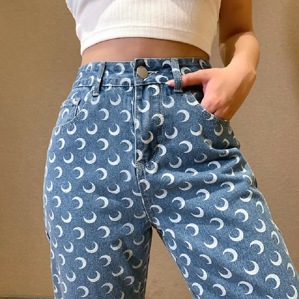 slim fit Moon Print Pants Straight Leg Mom Jeans Women High Waist Denim Trousers Slim Streetwear 2021 Fashion Y2k Style Baggy Clothing cargo pants for women