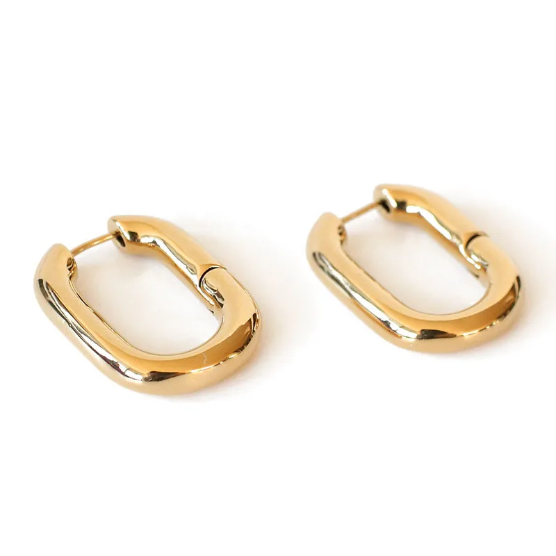 

2019 Simple Design Geometric Rectangular Lock Buckle Gold Color Metal Brass Oval Shape Small Hoop Earrings For Women Party 2019
