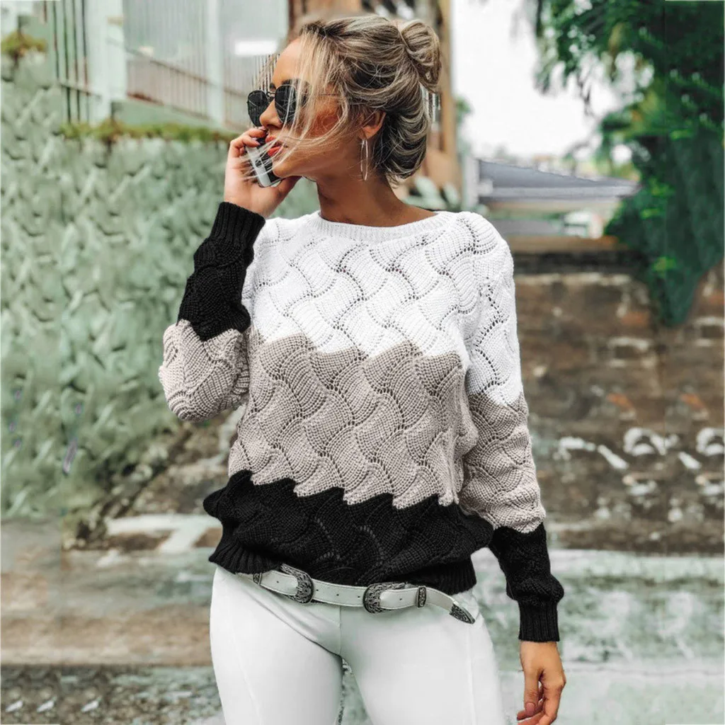 

Women's Sweaters Ladies Fashion Autumn Winter Casual Knitwear Slim Fit Long Sleeve Stripe O-neck Knitted Sweater Tops A40#