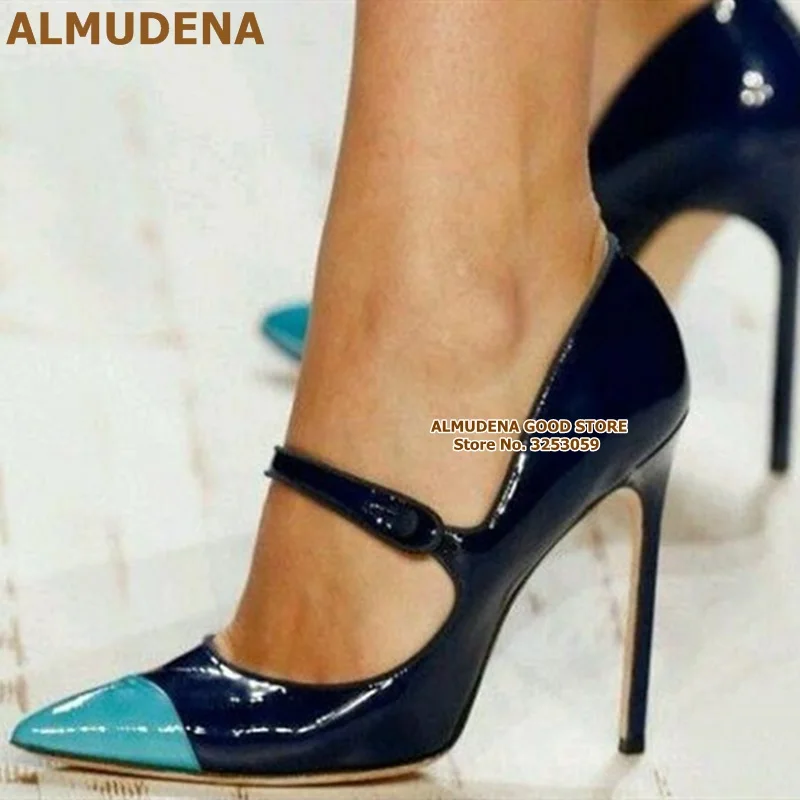 蓝青拼色漆皮玛丽珍女鞋 (4)