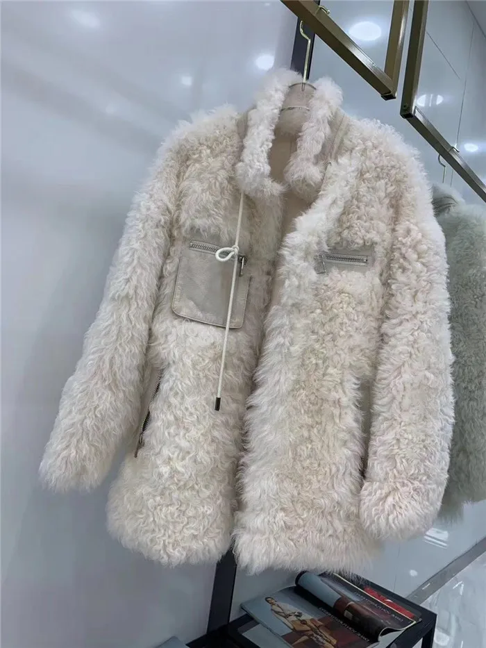 Шерсть jexxi Высокое качество Женская модная однотонная натуральная овчина Двусторонняя шуба элегантные карманы зимняя куртка пальто для женщин