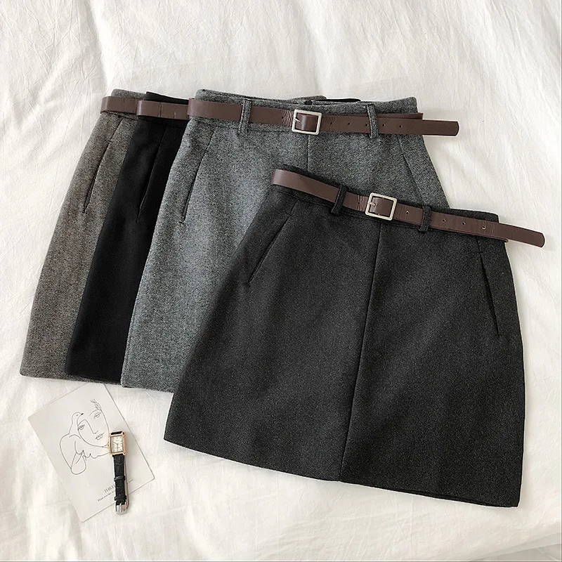 Women Sashes Chic Skirt Autumn Winter Harajuku Solid High Waist Casual A-line Skirt Females Fashion Pocket Belt Mini Skirts