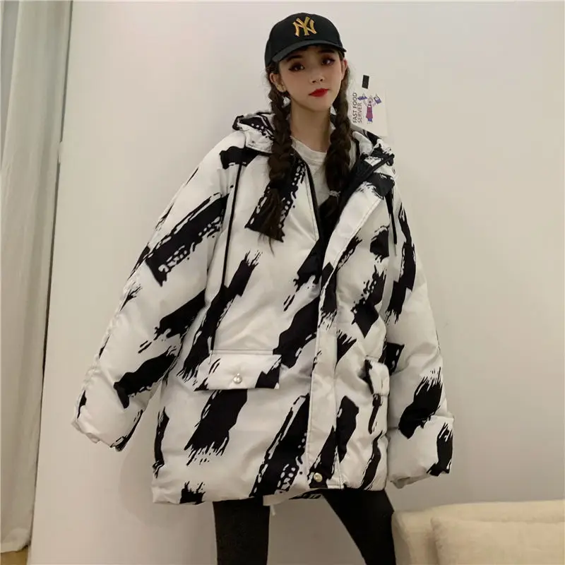 Женская хлопковая одежда Harajuku, корейский топ средней длины с капюшоном, хлопковая куртка, свободная Толстая парка, Осень-зима, пальто с принтом f2699