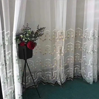 

Geometric Stripe Embroidered Voile Tulle Curtains for Living Room Kitchen Lace Gauze Window Sheer Fabric Bedroom Voile Curtain