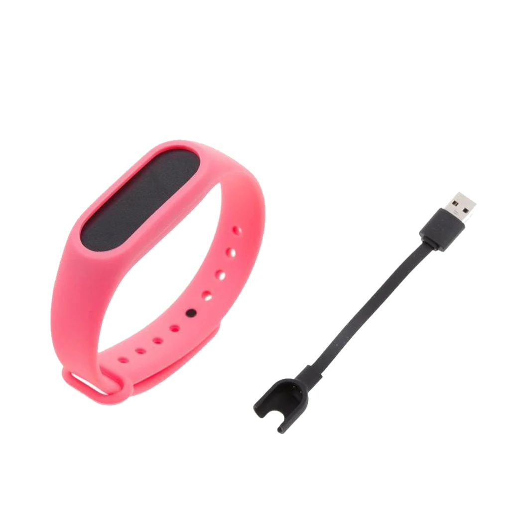 

Protable USB Charger Charging Cable Lead + Soft Wristband Strap with Metal Clasp Pink for Xiaomi Mi Band 2 Sport Bracelet