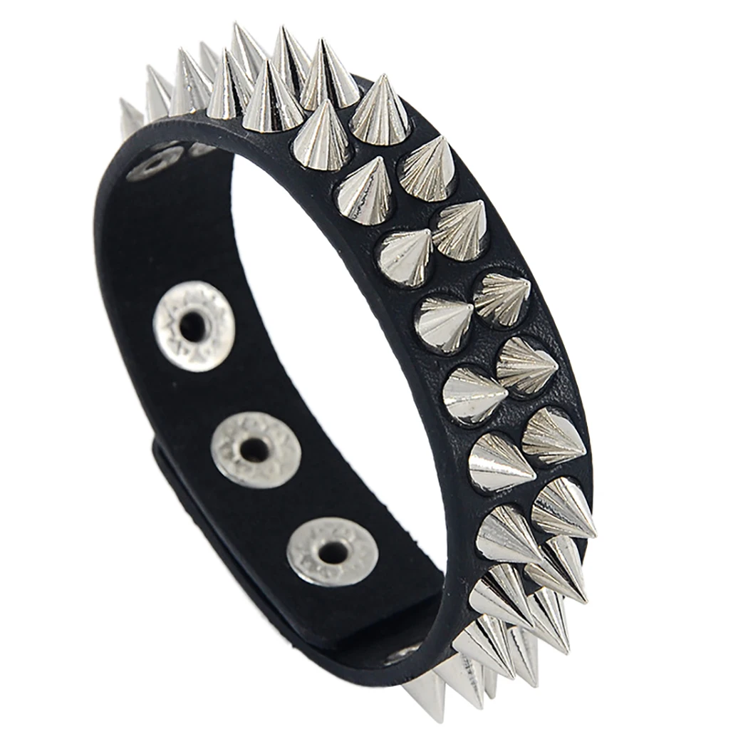 Gothic Delicate Cuspidal Spikes Rivet Cone Stud Cuff Black Leather Bracelets Bangles Punk Bracelet For Women Men Jewelry