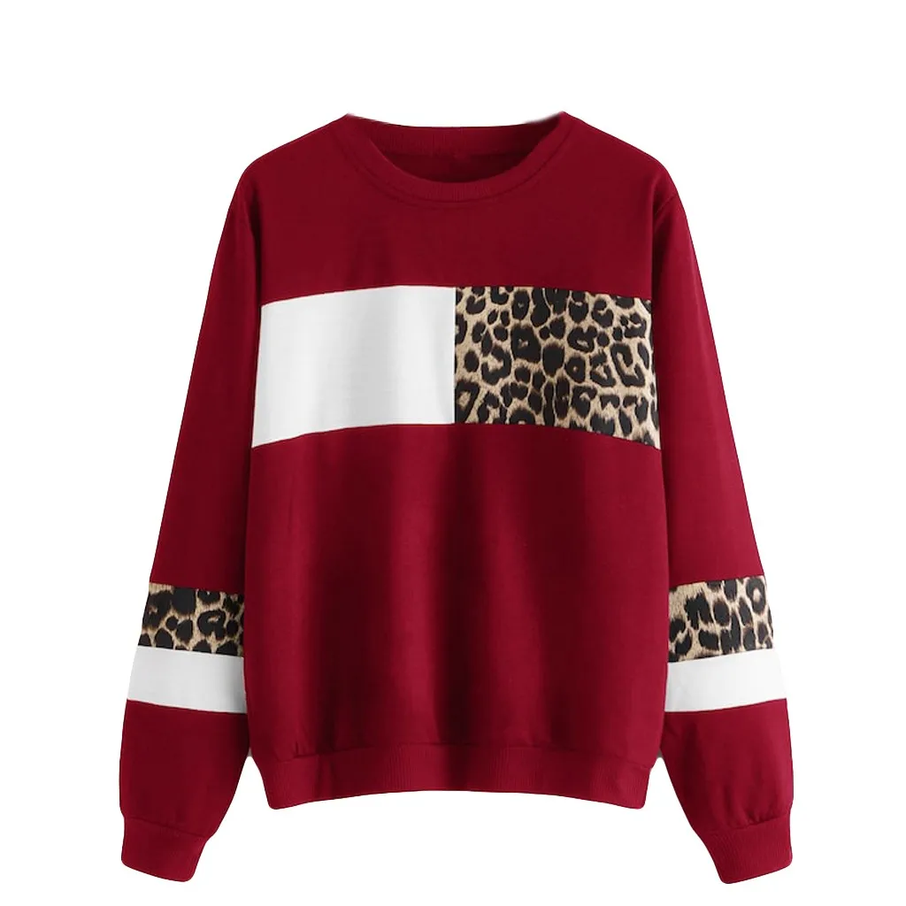 Women Leopard Sweatshirt Print O-Neck Tops Cotton Long Sleeve Patchwork Pullover Sweatshirt Sudadera Mujer Moletom Kawaii Roupas