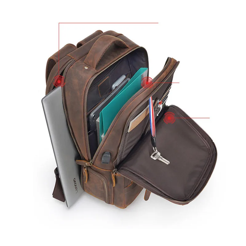Luufan Genuine Leather Backpack for Men 15.6 Inch Laptop Backpack USB Charging Cowhide Male Travel Rucksack Outdoor Travel Bag 6