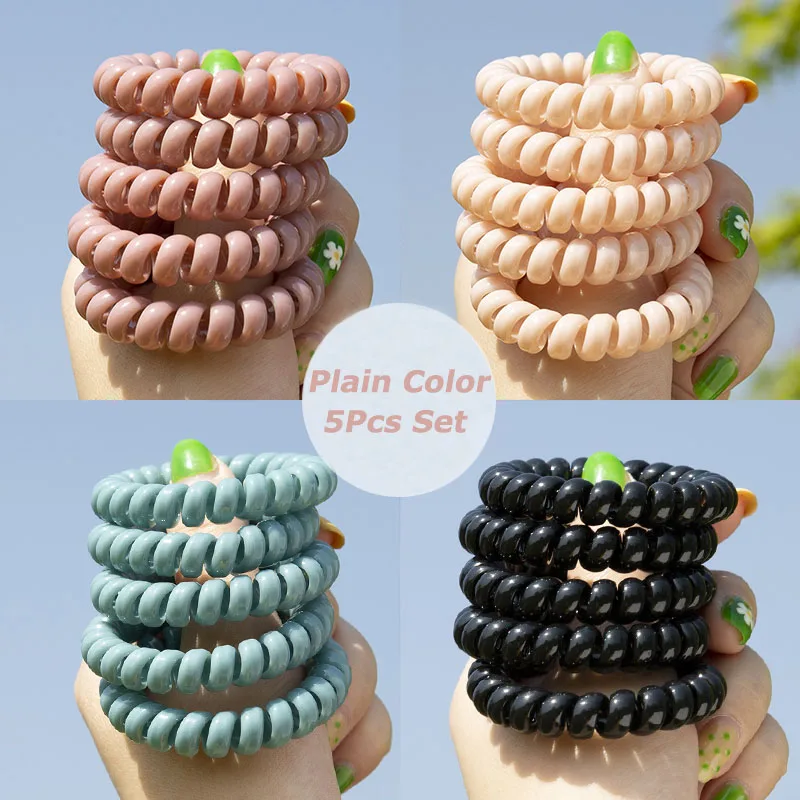 

5Pcs/Set Hot Sale Korean Telephone Wire Line Hair Tie Colorful Spiral Shape Plain Color Women Hair Accessories Eastic Hair Band