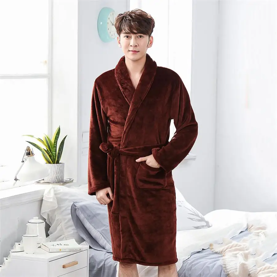 Мужское платье с v-образным вырезом, одежда для сна, домашняя одежда с длинными рукавами, неглиже, зимняя теплая Домашняя одежда с поясом, длинная одежда для сна - Цвет: Brown 1B