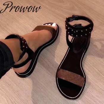 

Prowow New Summer Genuine Leather Prinetd Letter Flats Sandals Open Toe Metal Studded Beach Party Sandals Luxury