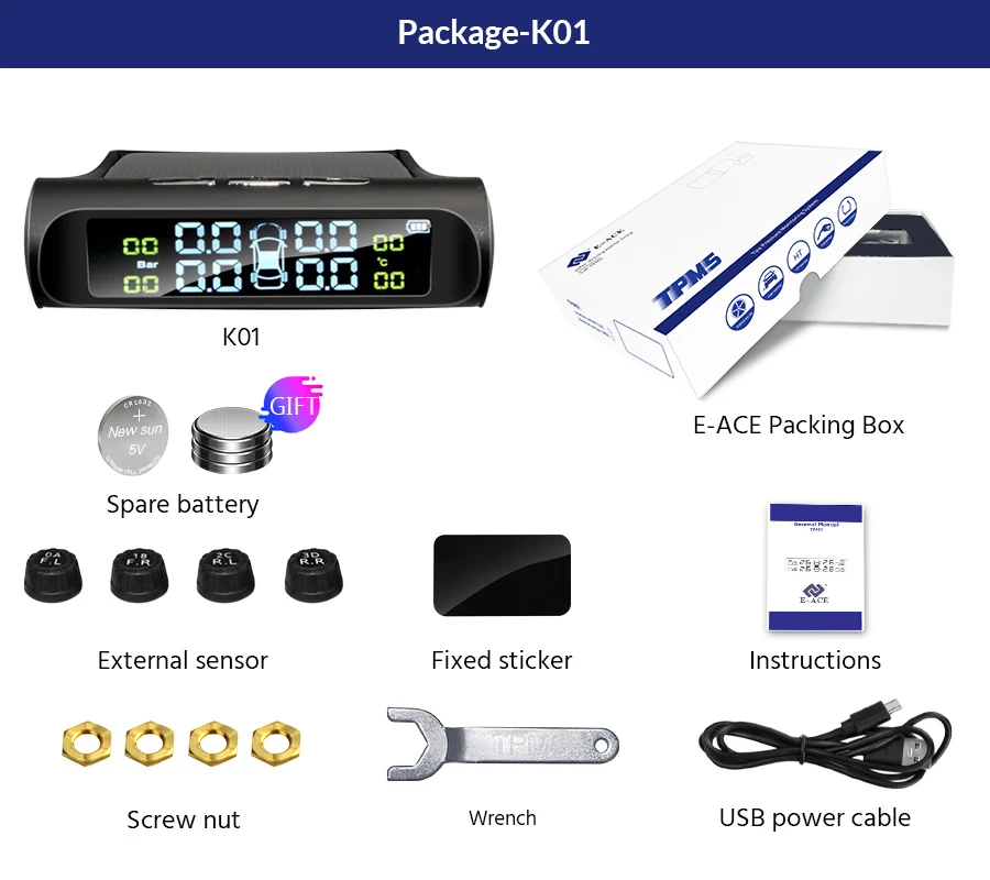 E-ACE Solar Power TPMS Car Tire Pressure Alarm Monitor System Auto Security Alarm Systems Tyre Pressure Temperature Warning