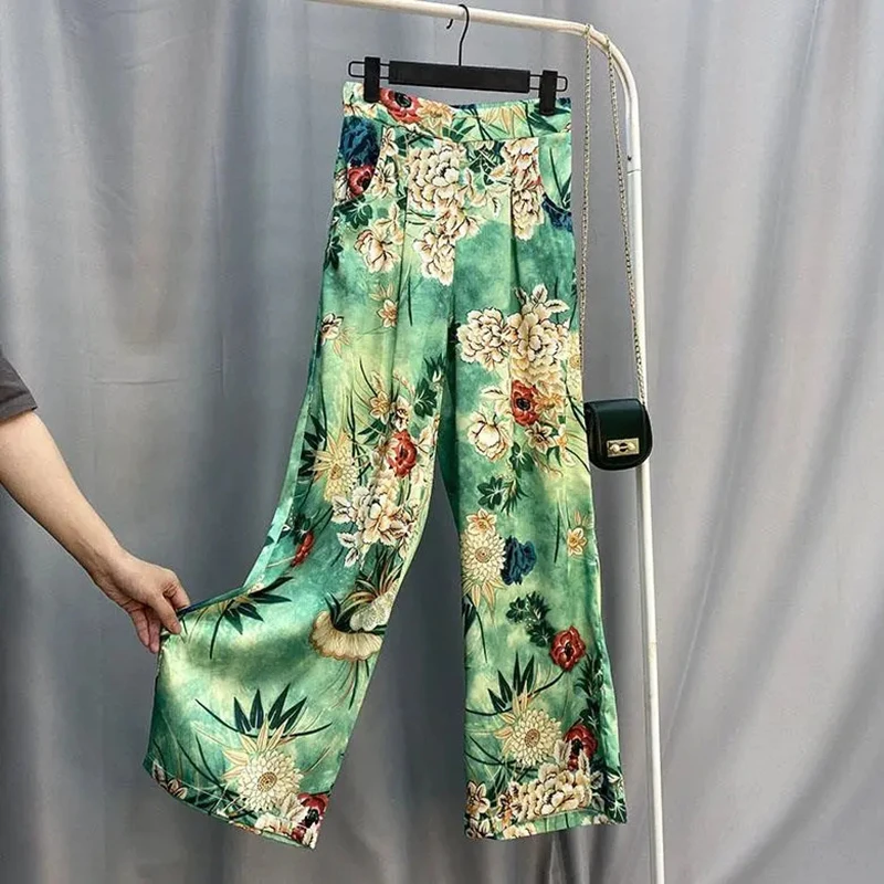 

Harajuku Style Pants Women Spring Summer Seaside Vacation Casual Floral High-Rise Satin Wide-Leg Pants Fashion Baggy Trousers
