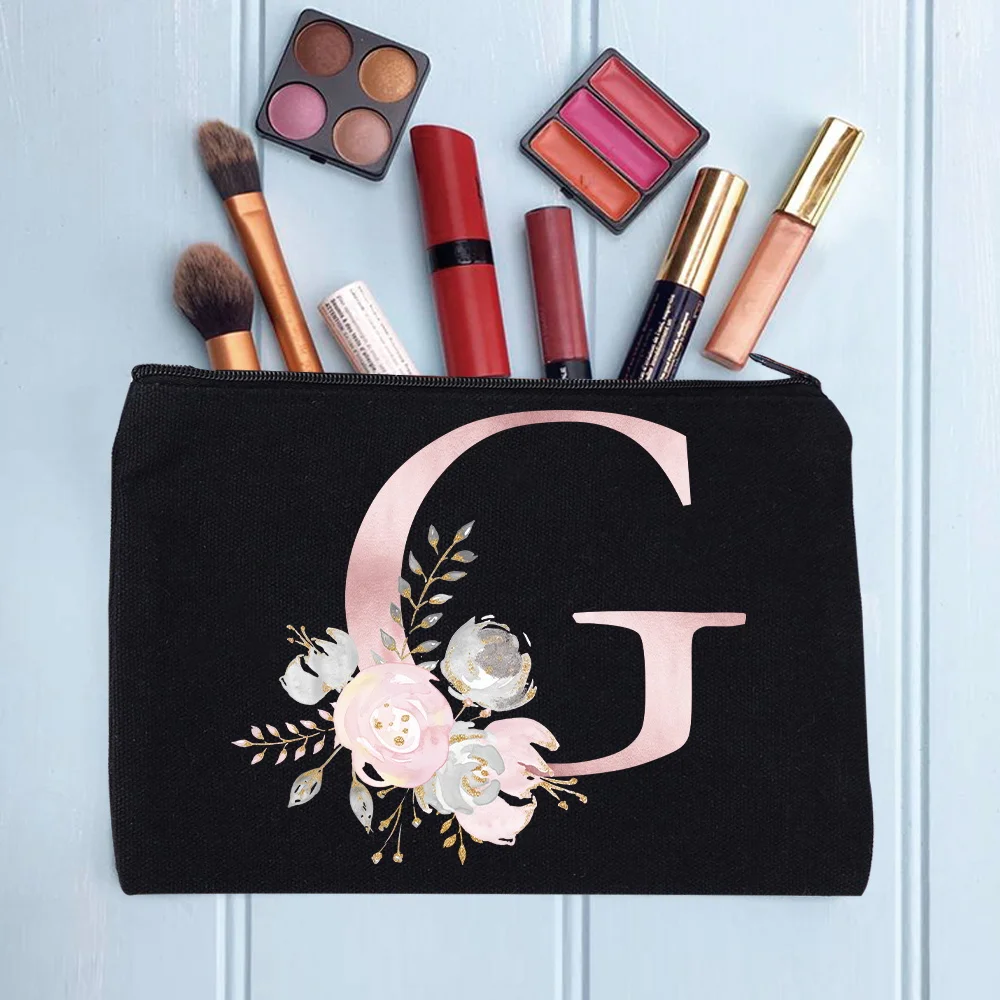 Women's Cosmetic Makeup Bags Female Organizer Pink Flower 26 Letters School Pencil Cases Carrying Bag for Coin Purse