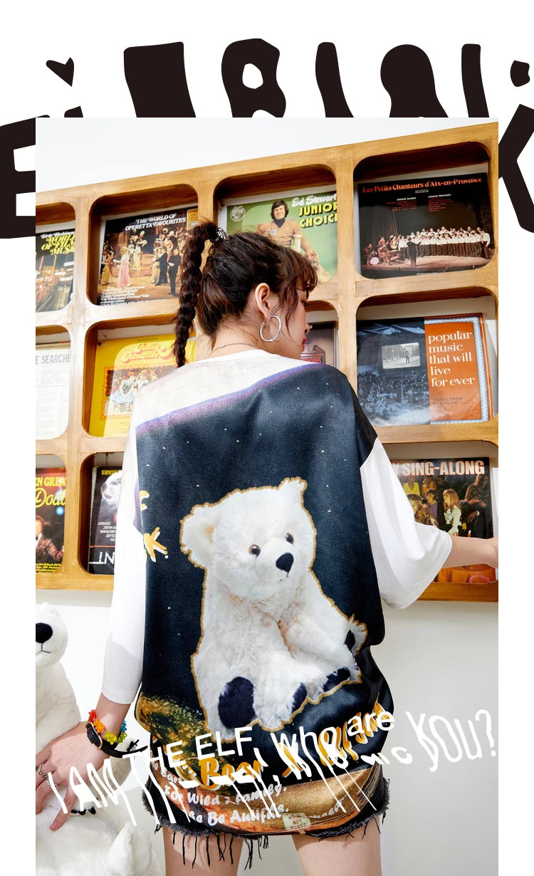 Elfsack Harajuku Urso Bordado Oversize Camisetas Casuais Feminino 2021 Primavera Elf Vintage Básico Gráfico Diário Verão Topos 1 Cheap Camisetas