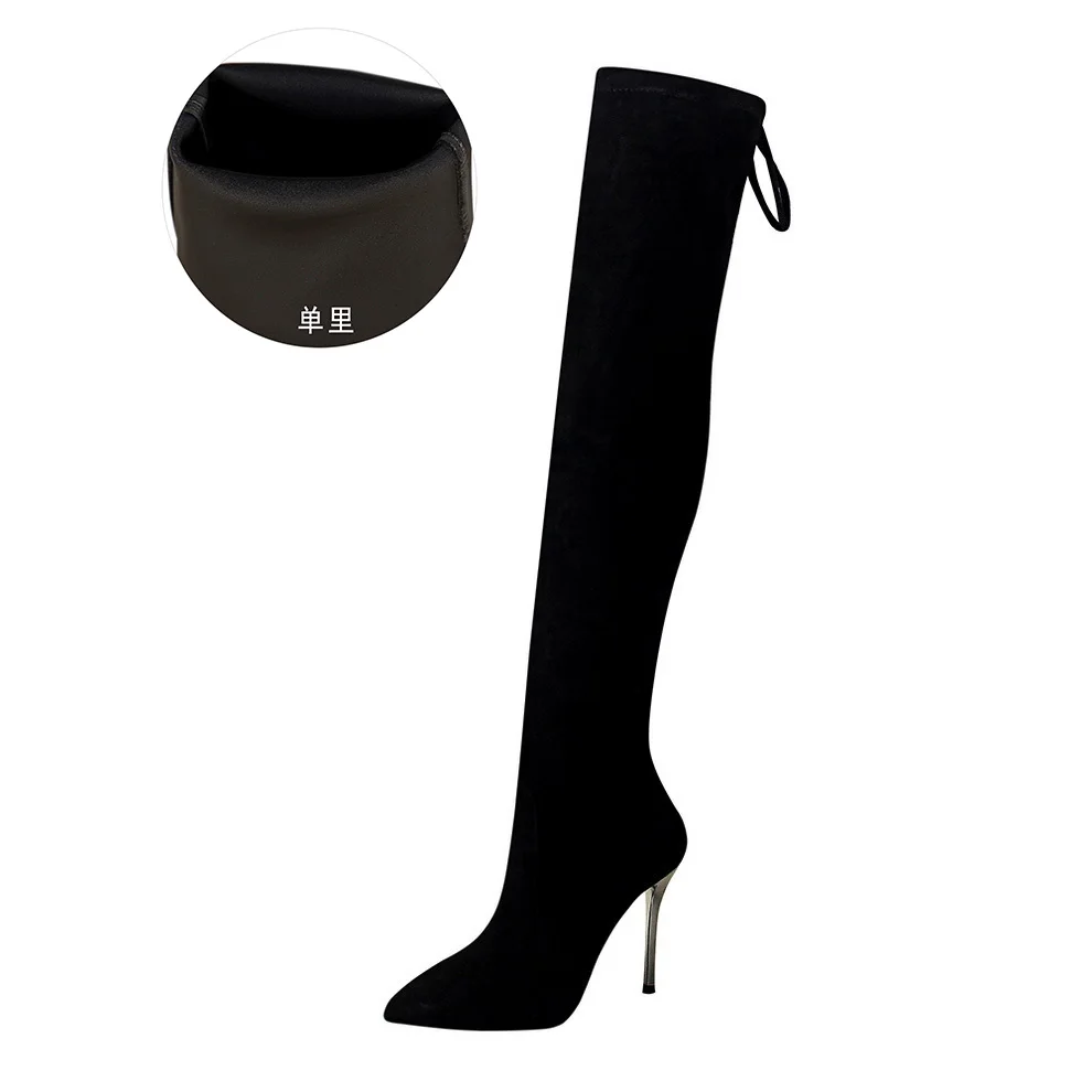 LEOPARD LAND Long Boots Super High Heel Women's Boots Winter Suede Pointed Sexy Slim Pedicure Over Knee Boots DS-8663-5 - Цвет: black thin