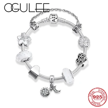 

New 925 Sterling Silver Bead Bracelet Bangles for Women with Heart Glass Beads Moon Pendant Snake chain Bracelets Femme Jewelry