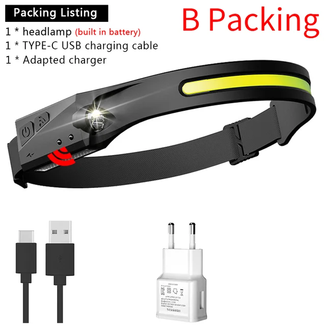 Induction Headlamp COB LED Head Lamp with Built-in Battery Flashlight USB Rechargeable Head Torch 5 Lighting Modes Head Light B Packing