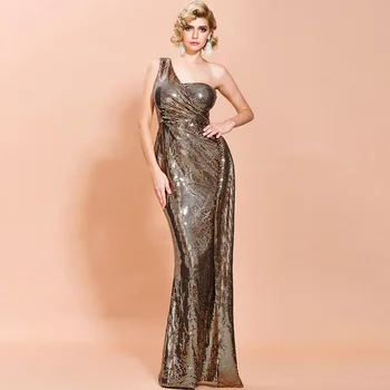 

Evening Party Hot sale One-Shoulder Strapless Backless Sequined Long dress sexy women celebrity body con dresses wholesale
