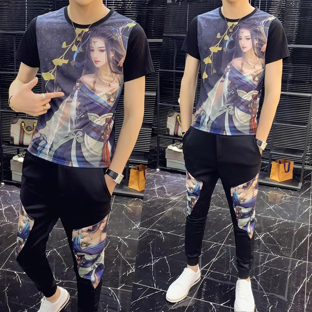 

Summer High Quality Tracksuit Top And Pants Men Printing Short Sleeve T Shirt Two Piece Set Men Slim Fit Outfits Sportwear Set
