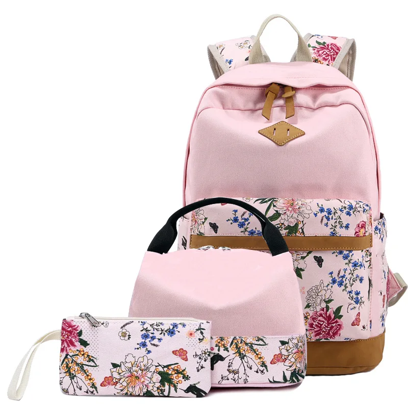 

3 Pcs/set Canvas Backpack lady Flower print School Backpacks Schoolbag For Teenagers Girl Fashion Student Book Bag Boys Satchel
