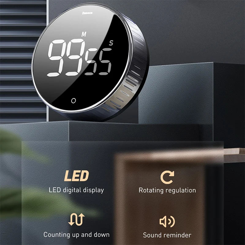 Baseus Magnetic LCD Digital Kitchen Timer Mechanical Gym Countdown Alarm Clock