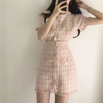 

2020 New Summer Woman Sets 2 Pieces Matching Short Skirts Single Breasted Casual Plaid Tassel Vintage Suit