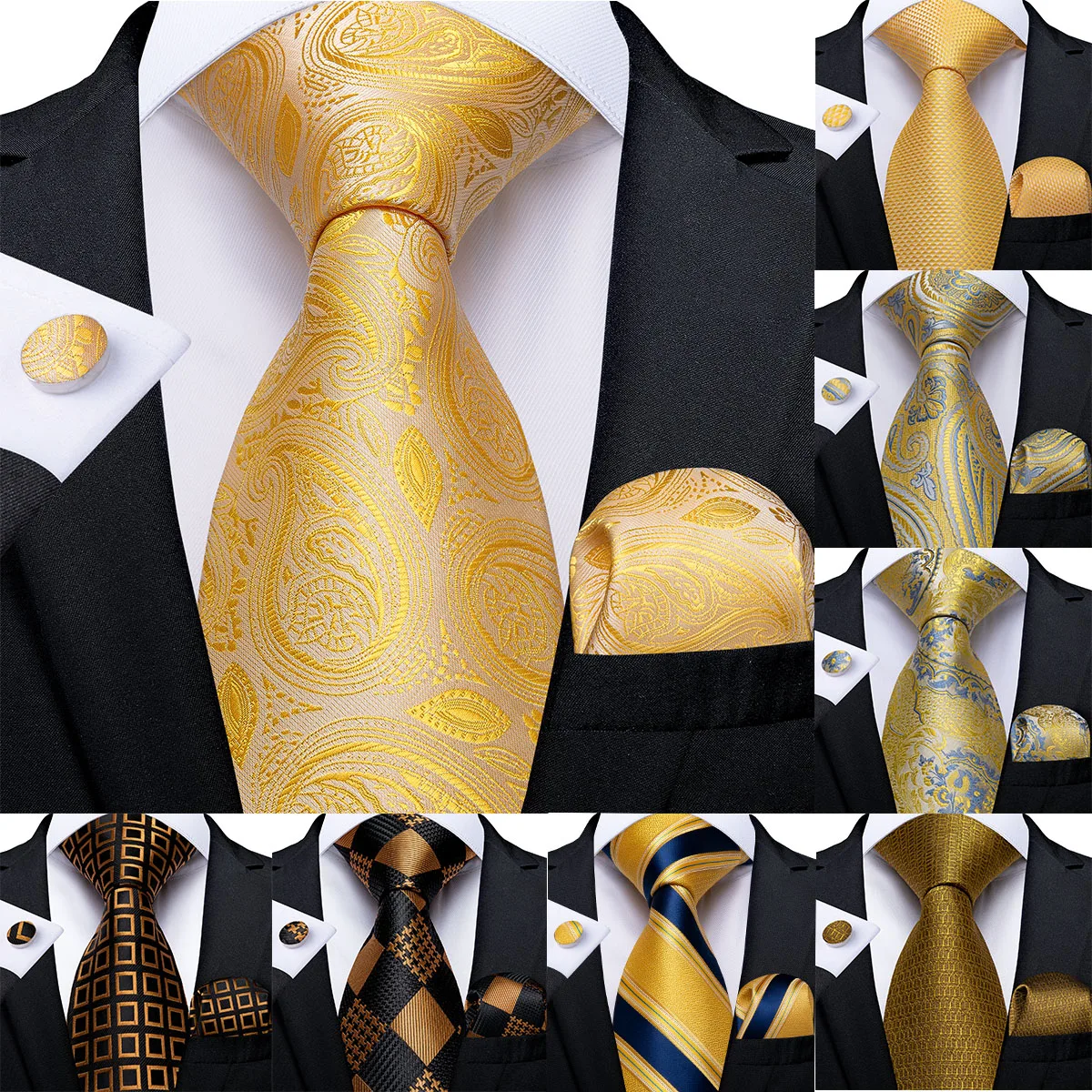 

Gold Solid Floral Plaid Paisley Ties For Men Handkerchief Cufflinks Silk Tie Set DiBanGu Designer Men'S Wedding Ties Mens Gift